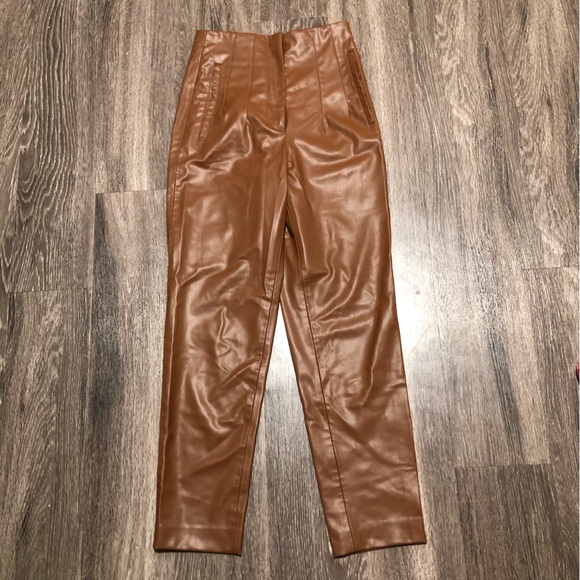Zara Pants - ZARA Faux Leather High Waisted Straight Leg Pants - Camel Brown - Size XS